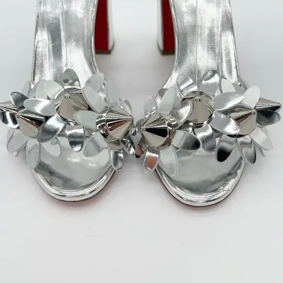 Christian Louboutin Daisy Spike Metallic Silver Ankle Cuff Sandals EU 37.5 - Picture 7 of 15